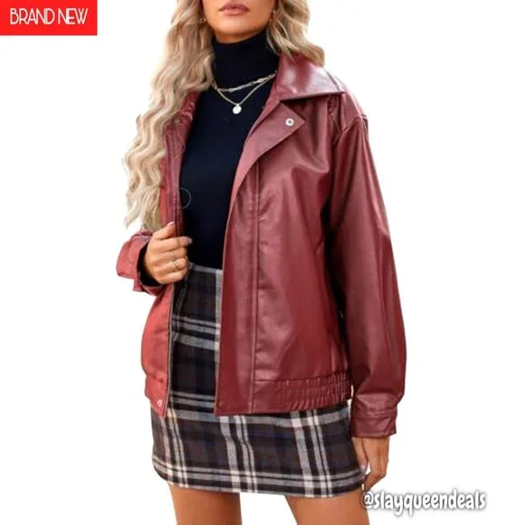 Oversized Faux Leather Motorcycle Jacket, Women's Plus Size Bomber Coat